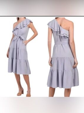 Nicole Miller Asymmetrical One Shoulder Linen Tiered Midi Dress Sz Medium